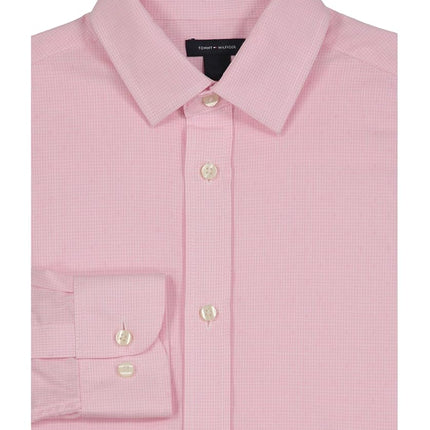 Tommy Hilfiger Boy's Long Sleeve Dress Shirt, Collared Button-Down with Cuff Sleeves, Gingham, Light Pink, 10
