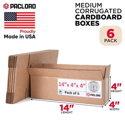 Paclord 6 Pack Medium Cardboard Boxes 14" L x 4" W x 4" H - USA Made Packaging Boxes for Moving, Shipping or Storage - USPS Approved