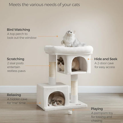 Feandrea Cat Tree, 40.6-Inch Cat Tower, Plush Condo for Extra Large Cats up to 44 lb, Large Perch, 2 Caves, Scratching Post, Cream White UPCT614T01
