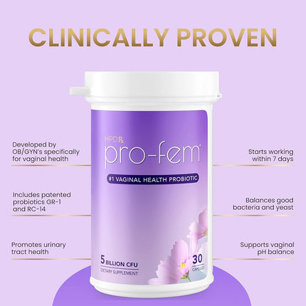 Pro-Fem - #1 Vaginal Probiotics for Feminine Health, Clinically Proven to Promote Yeast & pH Balance, Urinary Tract Health, Works in 7 Days, 30 Capsules