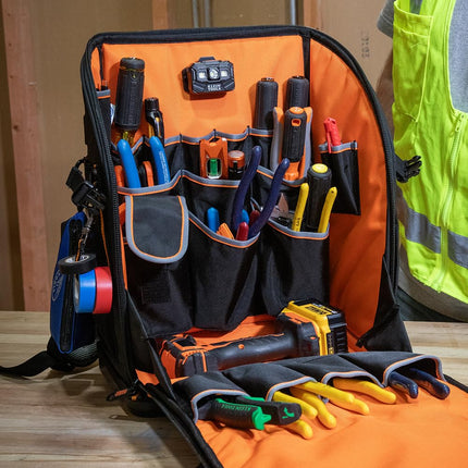 Klein Tools 62482 Tool Backpack, Tool-Station Pro Heavy-Duty Organizer with 27 Pockets, Large Interior, Molded Bottom, Electrician Tool Bag
