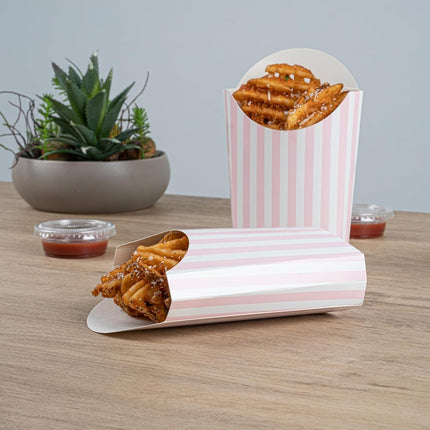 Bio Tek 4.7 x 3.5 x 5.1 Inch French Fry Cup, 100 Disposable Snack Cups - Stackable, Sustainable, Pink and White Paper 4 Ounce Fry Holder, for Fries, Onion Rings, Popcorn, or Cookies - Restaurantware