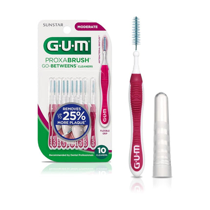 GUM Proxabrush Go-Betweens - Cepillos interdentales para dientes apretados, palillos dentales para eliminar la placa, seguros para aparatos de ortodoncia y dispositivos dentales, 10 unidades (paquete de 4)