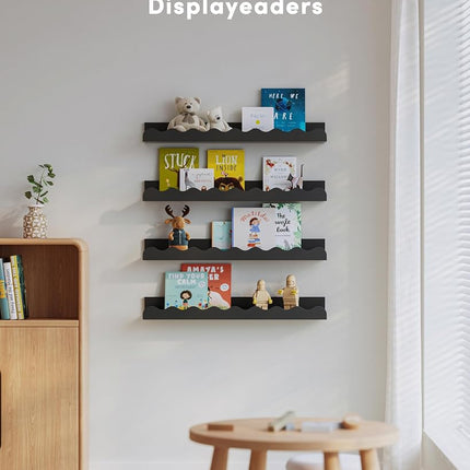 Seocry Kids' Bookshelf Set of 4 - Black Floating Nursery Book Shelves, Picture Ledge Shelf for Wall Decor and Storage - Perfect for Books, Toys, Photo Frames, and Nursery Décor