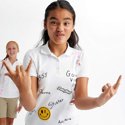French Toast Girls' Short Sleeve Picot Collar Polo Shirt (Standard & Plus), White, X-L