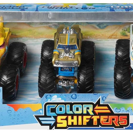 Hot Wheels Monster Trucks Coffret de 3 mini-véhicules Color Shifters 1:64, les Monster Trucks changent de motifs dans l'eau froide et retrouvent leur aspect initial dans l'eau chaude, jouet pour enfants, HGX20