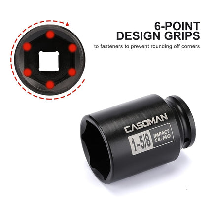 CASOMAN 6-Point 1/2-Inch Drive Deep Impact Socket- 1-5/8" (SAE), CR-MO, 1/2-inch Drive 6 Point Axle Nut Socket for Easy Removal of Axle Shaft Nuts (1-5/8")