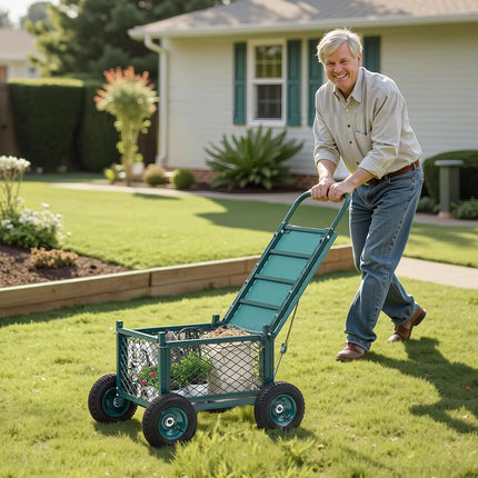VEVOR Rolling Garden Cart with Seat, Metal Rolling Garden Work Seat with Wheels, Supports up to 181 kg, Heavy Duty Gardening Cart Scooter, Outdoor Wagon & Stool on Wheels for Lawn, Patio, Backyard