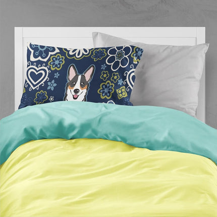 Caroline's Treasures Blue Flowers Tricolor Corgi Fabric Standard Pillowcase