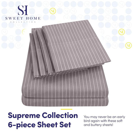 Sweet Home Collection Full Size Bed Sheets - 6 Piece 1500 Supreme Collection Fine Brushed Microfiber Deep Pocket Full Sheet Set Bedding - 2 Extra Pillow Cases, Pinstripe Gray