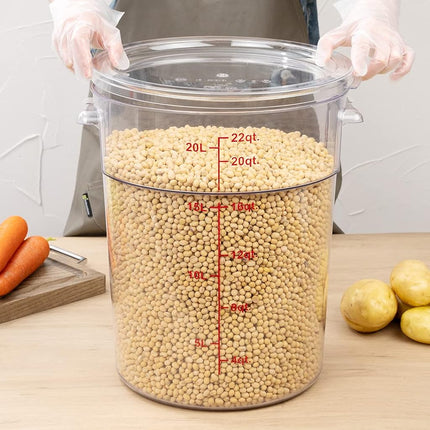 Restaurantware-Met Lux 22 Quart Food Storage Container, 1 Round Commercial Storage Container - Lid Sold Separately, with Volume Markers, Clear Plastic Food Prep Bucket, Space-Saving Storage