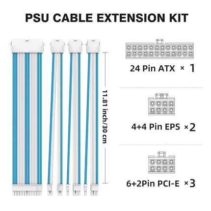 16AWG PSU Cable Extension Kit with Cable Combs,1x24pin ATX/2x8pin(4+4) EPS/3x8pin(6+2) PC Sleeved Cables 30cm Length,Power Supply Extension Cable Kit(Blue/White)
