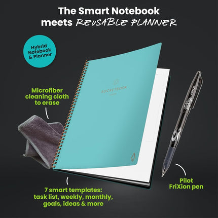 Rocketbook Neptune Teal 6 Inch x 8.8 Inch 42 Page Executive Reusable Smart Planner and Notebook to Improve Productivity