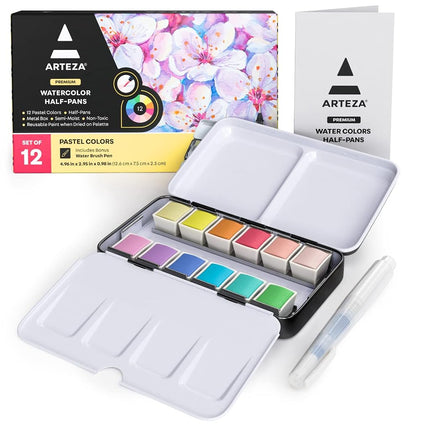 ARTEZA Watercolor Paint Set, 12 Pastel Tones Half Pans, Watercolor Set with Brush, Semi Moist Pastel Paint