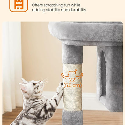 Feandrea Cat Tree Tower, 84 cm, L, Condo for Large Cats up to 16 lb, Large Perch, 2 Caves, Scratching Post, Light Gray UPCT61W