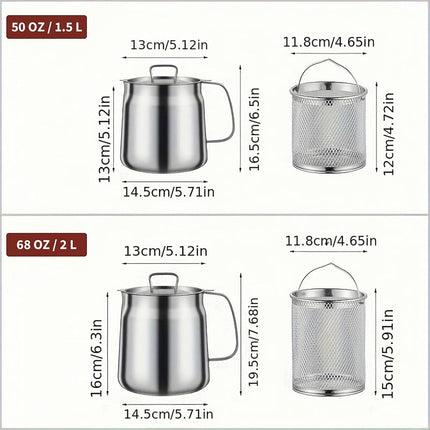 68oz 304 Stainless Steel Deep Fryer Pot with Basket & Strainer, Large Capacity Bacon Grease Container for Kitchen,Frying, Cooking, Camping,Oil Filter Container - Dishwasher Safe (68oz/2L/2.1Qt)