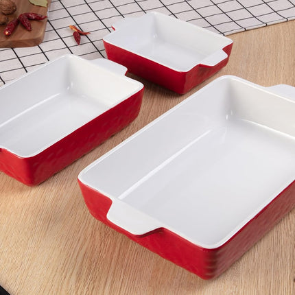 GarveeHome Baking Dishes Set of 3, Ceramic Bakeware Set with Handles, Porcelain Baking Pan Casserole Dishes for Oven and Microwave, Deep Lasagna Pan for Baking, Cooking, Wedding Gift - Red