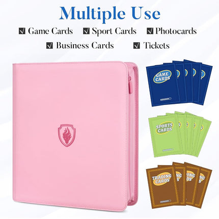 Premium Zip Card Binder 12 Pocket, Fabmaker 912 Pockets Trading Card Binder, PU Zipper Card Collection Album, Sturdy Side-Loading Card Book Holder for MTG, TCG, Game Cards, Sports Cards, Pink