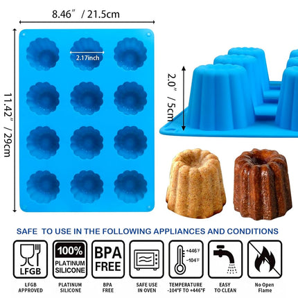 Sidosir 2Pcs Canele Mold Silicone, 12-Cavity Nonstick Canele Silicone Baking Cake Pan for Bread Muffin