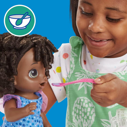 Baby Alive Magical Mixer Baby Doll Blueberry Blast with Blender Accessories, Drinks, Wets, Eats, Black Hair Toy for Children Aged 3 and Up