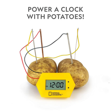 NATIONAL GEOGRAPHIC Kit para Hacer Pilas - Reloj de Patata y Linterna de Moneda, Kit de Ciencia, 2 Proyectos STEM de Electricidad Ideales para Niñas y Niños, Proyectos de Ciencia que Enseñan a los Niños sobre Circuitos