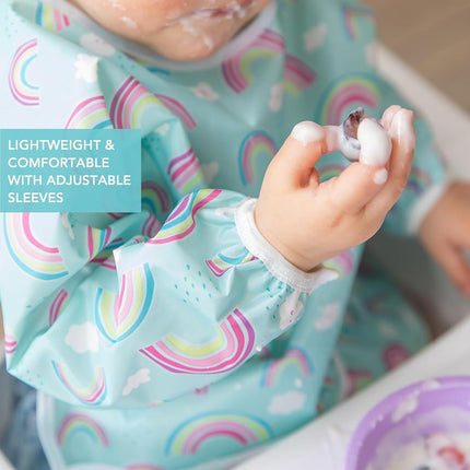 Bumkins Sleeved Bib, Handy Tie Closure for Custom Fit, Catch-All Pocket, Baby-Led Weaning, Waterproof, Machine Washable, Stain & Odour Resistant, BPA Free, 6-24 Months, Rainbow Design
