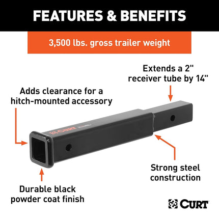 CURT 45795 14-Inch Long Trailer Hitch Extension for 2-Inch Receiver, 3,500 lbs