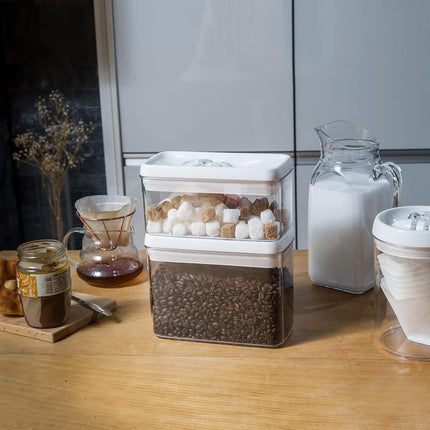 Felli Flip Tite Storage Container with Lid 4” RECTANGULAR Airtight Ring Flip Top, Stackable Kitchen Counter Pantry Organizer Acrylic Canister Jar for Pasta Spaghetti Cereal Granola Coffee (1.9qt)