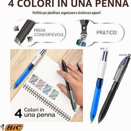 BIC 4 Colours Grip Pro Retractable Medium Point (1.0 mm) Ballpoint Pens, 12 Pens And Each Pen Contains 4 Colours