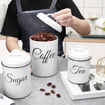 Juego de 3 recipientes de cocina ChicHabitat, recipientes de almacenamiento de alimentos para encimera de cocina, recipientes grandes herméticos para café, azúcar y té con tapas, decoración de cocina rústica blanca