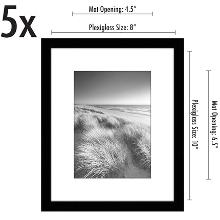 Americanflat 8x10 Photo Frame with Polished Plexi Cover - Set of 5 - Use as 7x5 Photo Frames with Mount or 10x8 Without Mount for Tabletop and Gallery Wall Display - Black