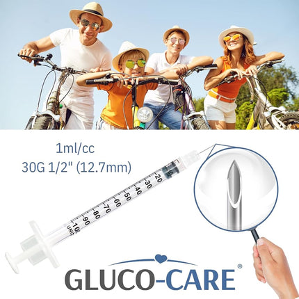 GLUCO-CARE 1 ml/cc Syringes 30G x 1/2’’ (12.7mm), Orange Cap, 100/box