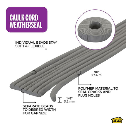M-D Building Products 71548 M-D Replaceable Caulking Cord, 1/8 in W X 90 Ft L, Gray, 90'