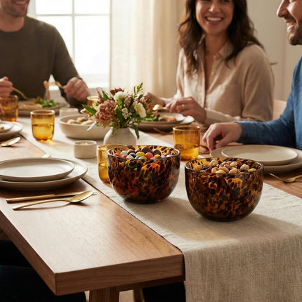 Amber Tortoise Shell Glass Bowls Set of 2 | 4.3” - 12.8oz Leopard Print Soup & Cereal Dishes | Decorative Animal Print Snack Serving Bowl, Cereal, Soup, Gifts for Kitchen Food Countertop, Hostess Gift