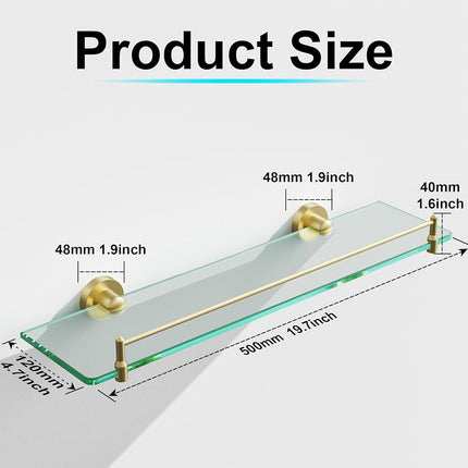KOCOK 20 Inches Glass Shelves for Bathroom, Brushed Gold Floating Glass Shelf Stainless Steel Tempered Glass Bathroom Shelves for Wall Mount Modern