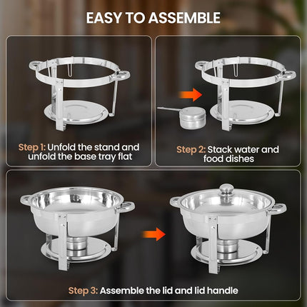 Rengue Plats à Chafing 6 pintes pour Buffet, Lot de 4 Plats à Chafing Ronds en Acier Inoxydable, Serveurs et Chauffe-plats de Buffet Chauffants et Refroidissants, Chauffe-plats pour Fêtes, Réceptions, Banquets, Mariages