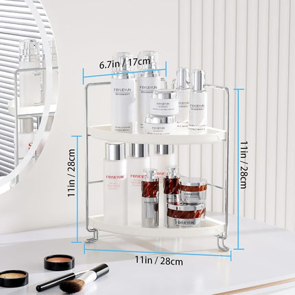 FSyueyun 2-Tier Corner Bathroom Countertop Organizer, Kitchen Spice Rack Makeup Storage Shelf Vanity Bedroom Storage Tray (Silver)