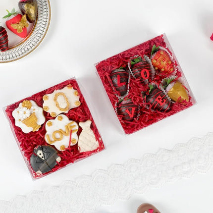 RomanticBaking 50pcs 6x6x2Inches Plastic Clear Babkery Box for Chocolate Truffle,Cookies, Chocolate Strawberries, Cake, Cakesickle Macaron & Treat Box for Christmas Valentine's