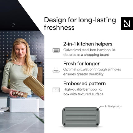 LARS NYSØM Bread Box I Metal bread box for long lasting freshness with non-slip pads I Baked goods Bin with bamboo lid usable as cutting board I 34.5x18.5x15.8cm (Ash Gray)