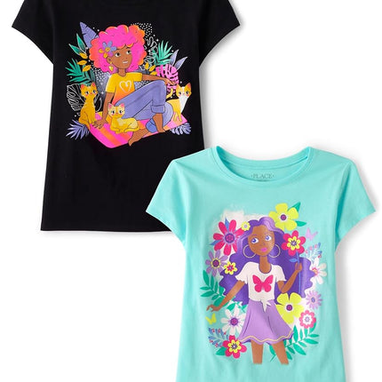 The Children's Place, Lot de 2 T-shirts graphiques à manches courtes, Chat Fille/Fleur Fille, Taille M (7/8 ans)