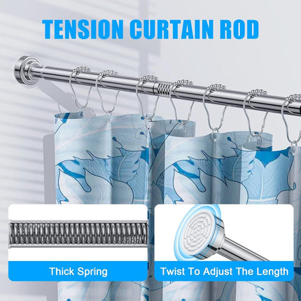 TEECK Shower Curtain Rod, 32-92 inch Adjustable Spring Tension Curtain Rod, Never Rust Anti-Slip Shower Curtain Rod for Bathroom, No Drilling, Never Collapse, Easy to Use, Silver