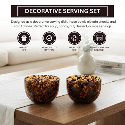 Amber Tortoise Shell Glass Bowls Set of 2 | 4.3” - 12.8oz Leopard Print Soup & Cereal Dishes | Decorative Animal Print Snack Serving Bowl, Cereal, Soup, Gifts for Kitchen Food Countertop, Hostess Gift