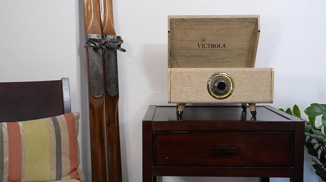 Victrola Highland 4-in-1 Bluetooth Record Player with Speakers – 3-Speed Vinyl Record Player, FM Radio & 3.5mm Aux, Wireless Music Streaming (Farmhouse Walnut)