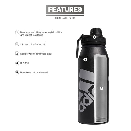 adidas Unisex 1 Liter (32 oz) Metal Water Bottle, Black/Silver Metallic, One size