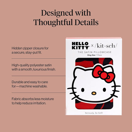Kitsch x Hello Kitty Sea of Bows - Satin Pillowcase with Zipper for Hair and Skin, Softer Than Silk, Smooth Cooling Pillow Covers, Machine Washable, King Size (19x36)