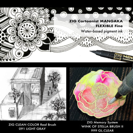 Kuretake Zig INKTOBER special set, Illustration Basic Set, Marking pen (5 pcs), Brush pens and glitter pen, Made in Japan