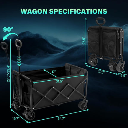 Wagons Carts Foldable, Collapsible Wagon Cart with Wheels, Large Wagons Carts Foldable with Wheels for Sand Sports Camping Grocery, Black