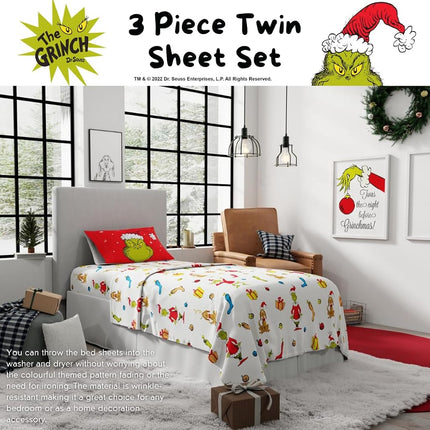 Franco Collectibles Dr. Seuss The Grinch Parure de lit de Noël super douce en microfibre 3 pièces pour lit jumeau (produit sous licence officielle)