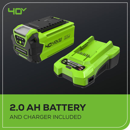 Sopladora de hojas axial inalámbrica Greenworks 40V (100 MPH / 350 CFM), batería de 2.0Ah y cargador incluidos