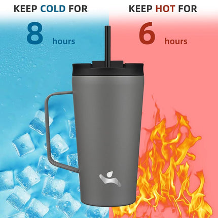 Konokyo 18 oz Insulated Tumbler with Handle & Straw, Stainless Steel Mug